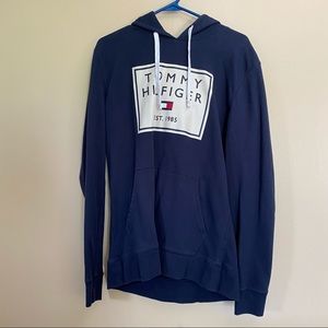 Tommy Hilfiger pull over with hood, navy blue with block logo, size Large